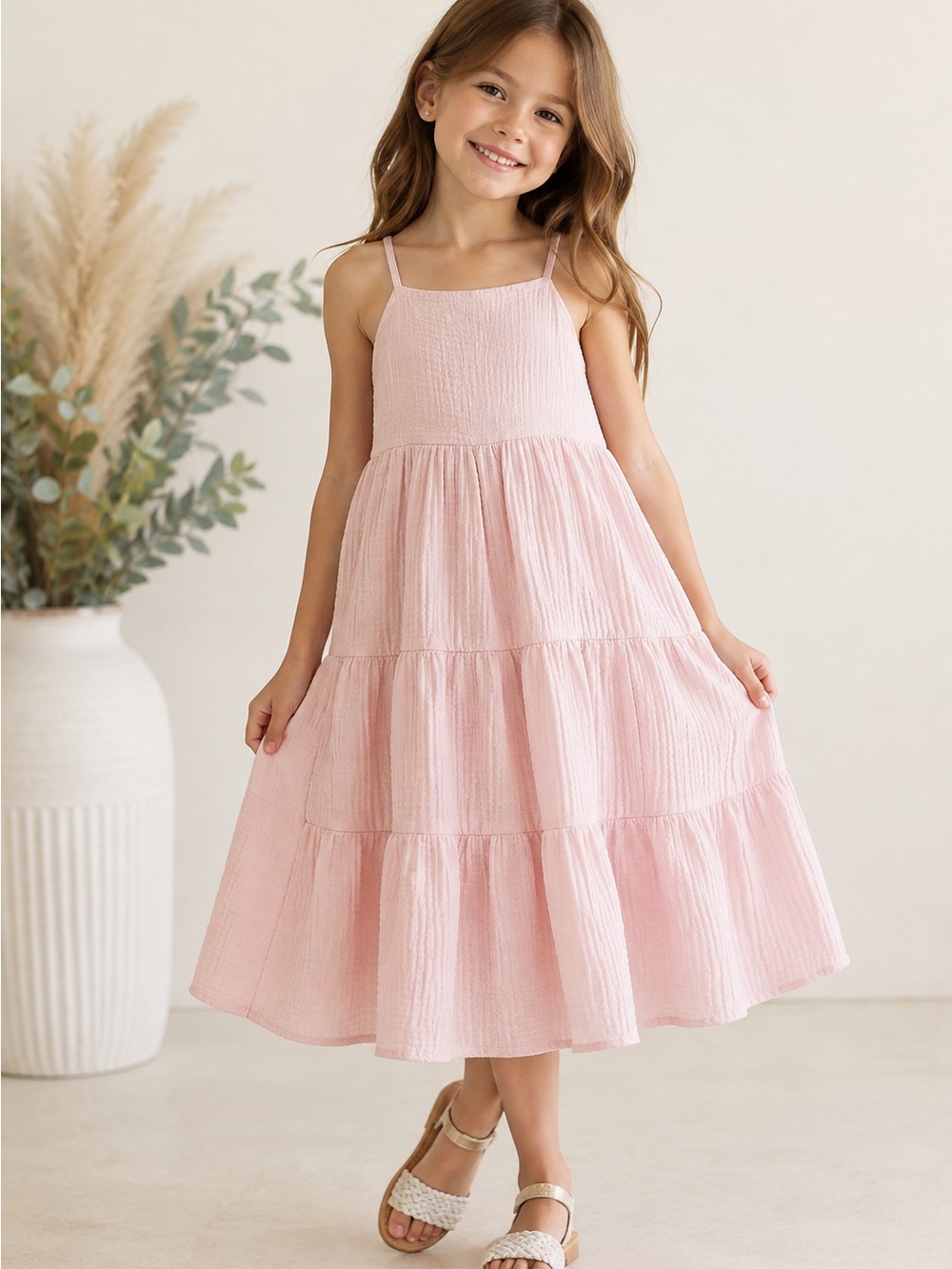 Girls' Pink Tiered Sundress - Lightweight Spaghetti Strap Dress